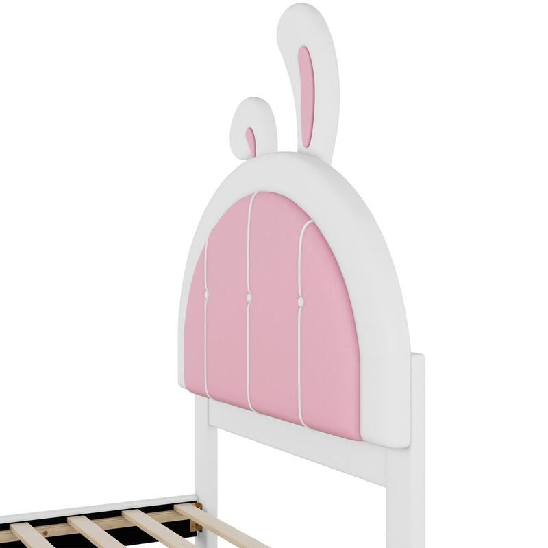 Twin Size Upholstered Platform Bed with Ribbit Shaped Headboard, Cute Animal Shaped Bed Frame with Bed End Storage Pocket
