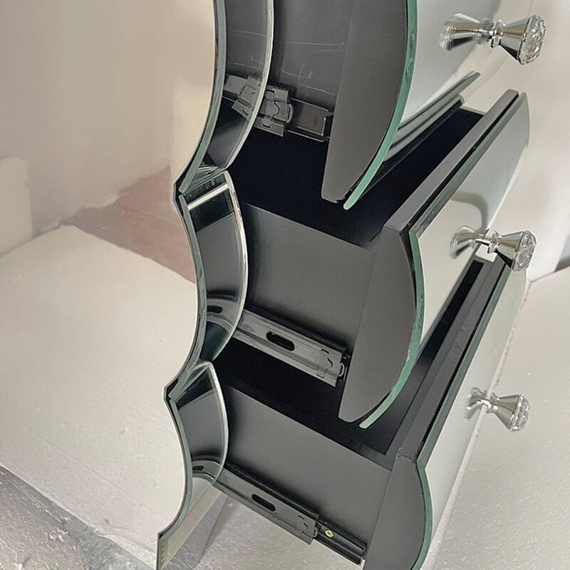 Curved Mirror Nightstand with 3 Glass Drawers - Silver Finish for Small Spaces