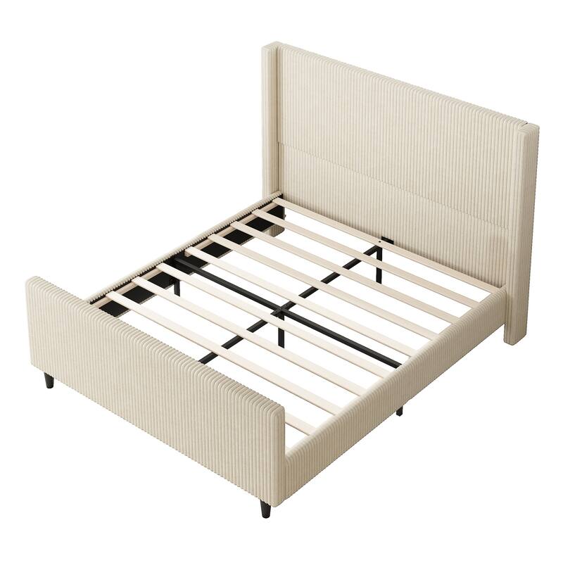 50.7" tall Corduroy upholstered bed frame with vertical textured wingback headboard