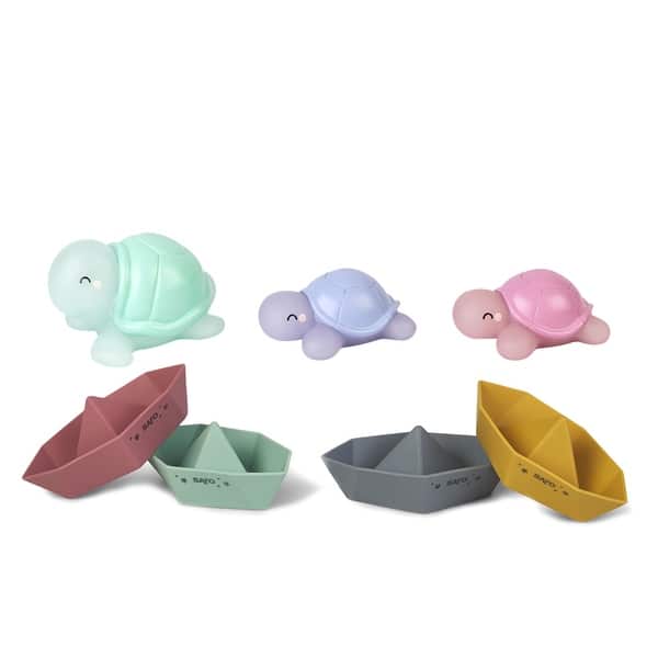 slide 2 of 4, Saro Color Changing Turtle Family & Orgami Bath Boat Set - Multi Multi