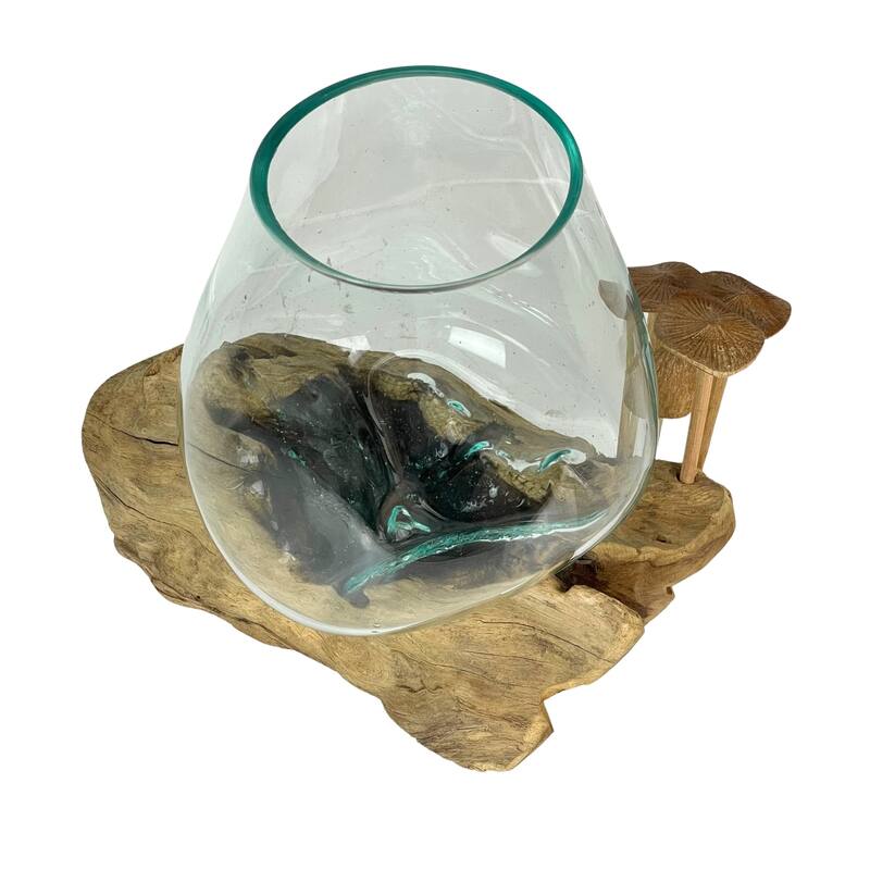 Handcrafted Glass And Teak Vase With Wood Mushroom Embellishments,