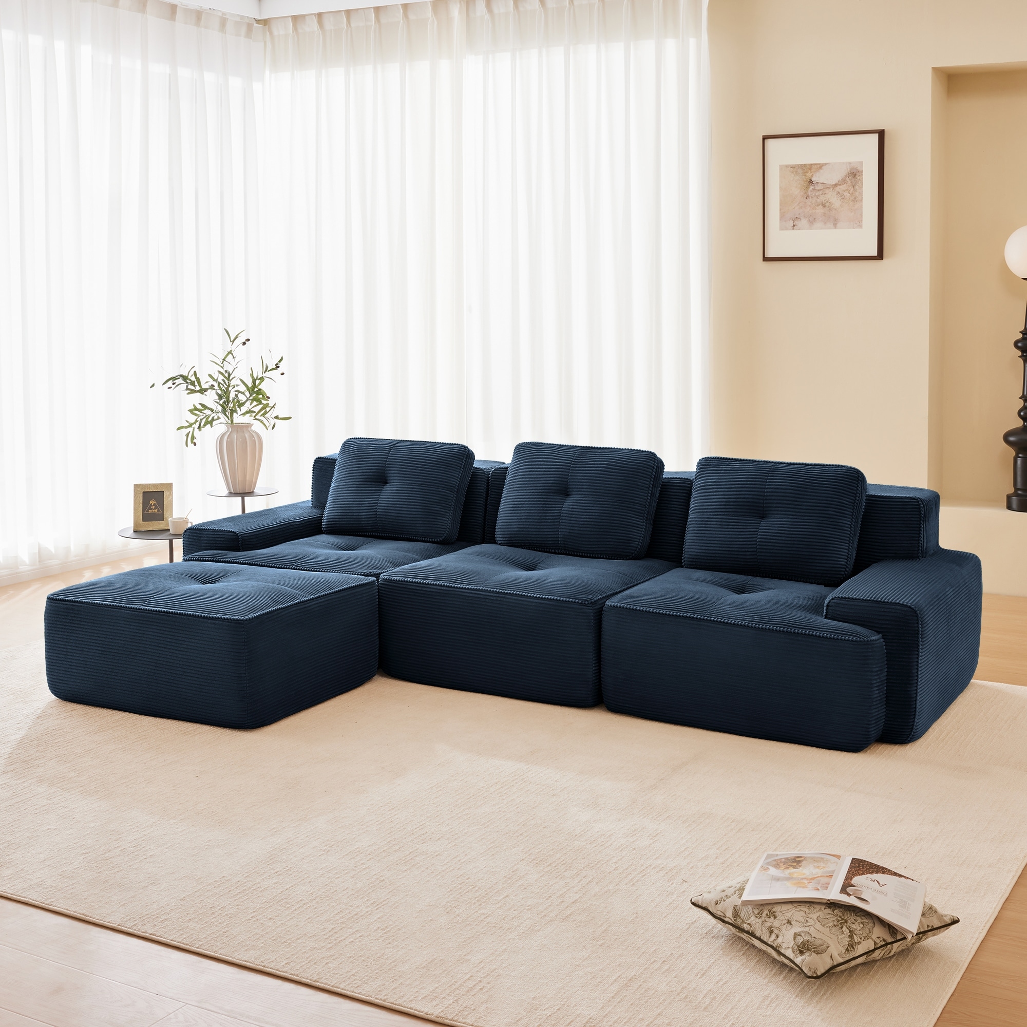 L-Shaped Modular Sectional Sofa with Movable Ottoman, Corduroy Boneless Cloud Couch, Tufted Deep Seat Sofa with 3 Pillow