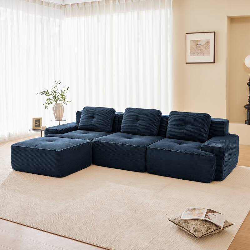 L-Shaped Modular Sectional Sofa with Movable Ottoman, Corduroy Boneless Cloud Couch, Tufted Deep Seat Sofa with 3 Pillow - Blue