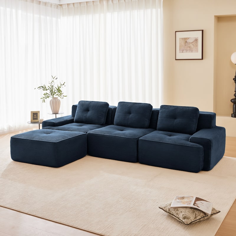 Roomfitters No Assembly Modular Sofa, 117 Inch Corduroy 3-Seater with Piping, Blue - Blue 117"  L-Shape