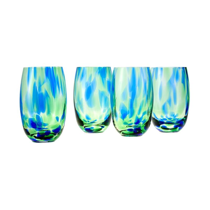 Blue Rose Polish Pottery Hand blown Water Glass Set - Cobalt and Green Confetti