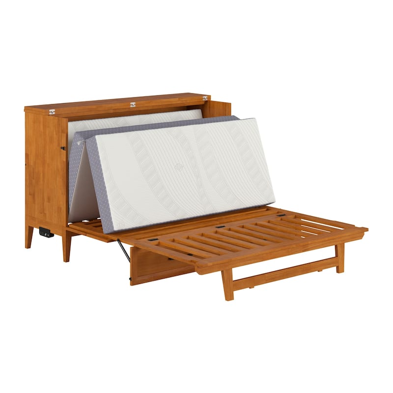 Solid Wood Murphy Bed Chest with Mattress & Charger - Space Saving Bed for Guest Room, Studio Apartment
