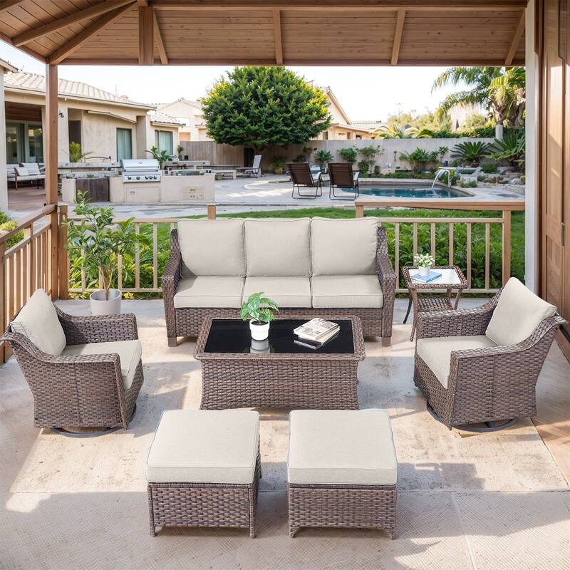 Outside Patio Sofa Chair Set with Cushions - Brwon Wicker Beige Cushion - 7PCS Swivel Chair with Sofa Ottoman Table