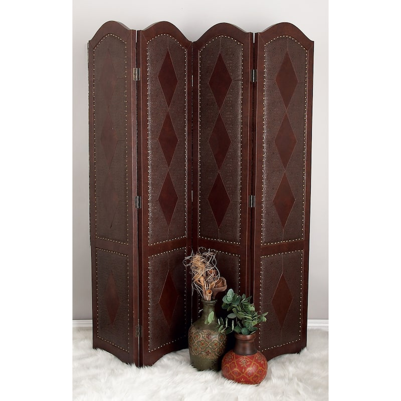 Brown Faux Leather Hinged Foldable Partition 4 Panel Scroll Partition Room Divider Screen with Faux Leather Detailing - Brown