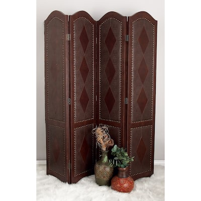 Brown Faux Leather Hinged Foldable Partition 4 Panel Scroll Partition Room Divider Screen with Faux Leather Detailing