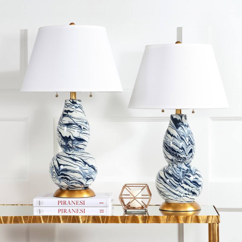 SAFAVIEH Lighting 29-inch Navy and White Color Swirls Glass Table Lamp (Set of 2) - 17"x17"x28"