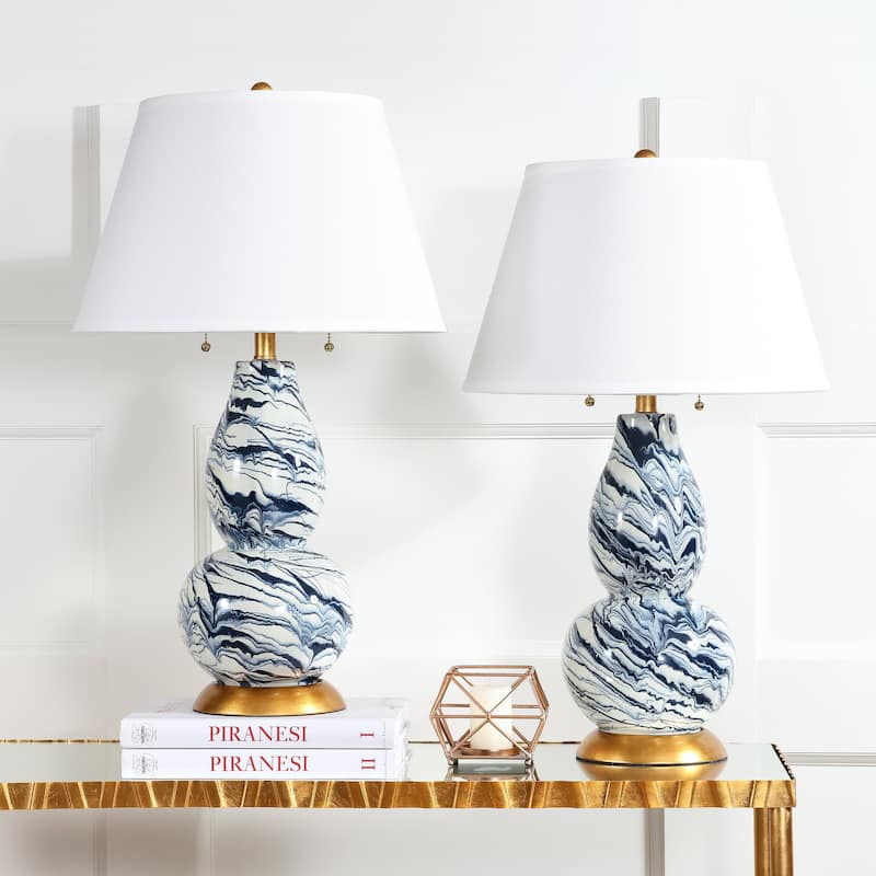 SAFAVIEH Lighting Sebrina 29-inch Navy And White Color Swirls Glass Table Lamp (Set of 2) - 17"x17"x28" - 17Wx17Dx28H - Navy/White