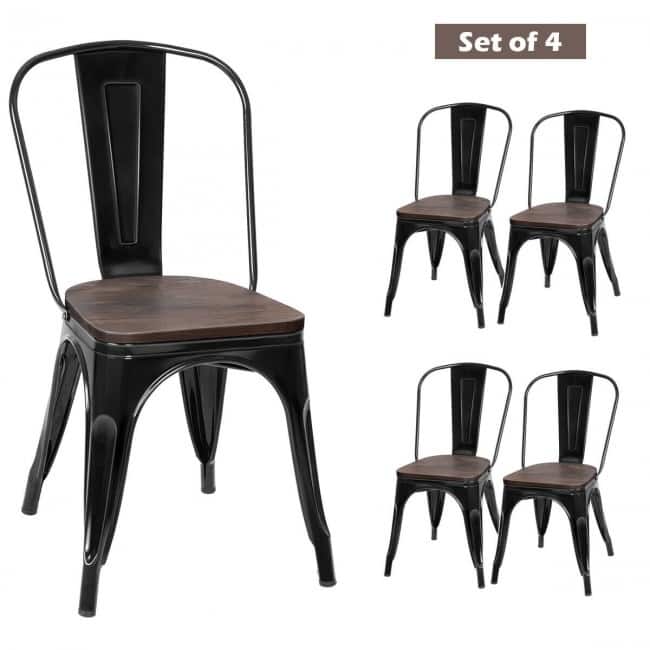 Set of 4 Stackable Metal Dining Chairs with 18-Inch Wood Seats - 17" x 21" x 33" (L x W x H)