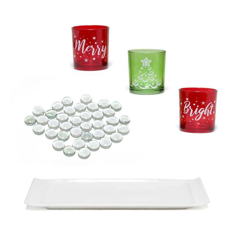 5-Piece Christmas Theme Candle Holder Display Set 14" White and Red