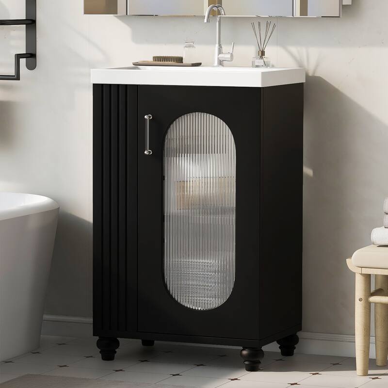 Small Bathroom Vanity with Sink, Wood Bathroom Cabinet with Glass Door, Single Basin Vanity Set with Two-Tier Shelf
