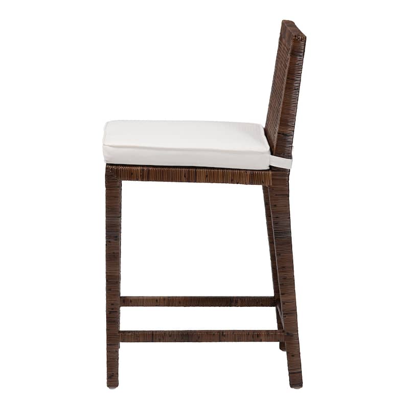 Sofia Rattan Counter Stool with Mahogany Wood Frame - Handwoven Wicker Counter Height Chair with Cushion, Coastal Boho Seating