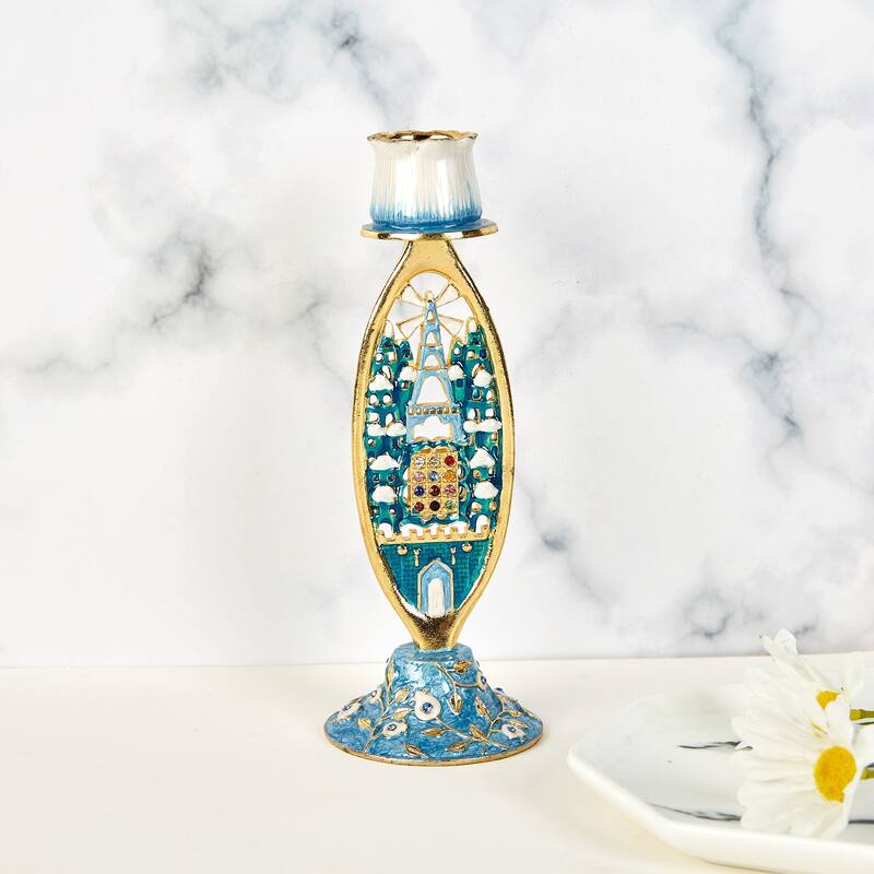Matashi Shabbat Candlestick (2-Piece Set), Gold-Plated Pewter Adorned w/ Jerusalem Cityscape & Priestly Breastplate Design
