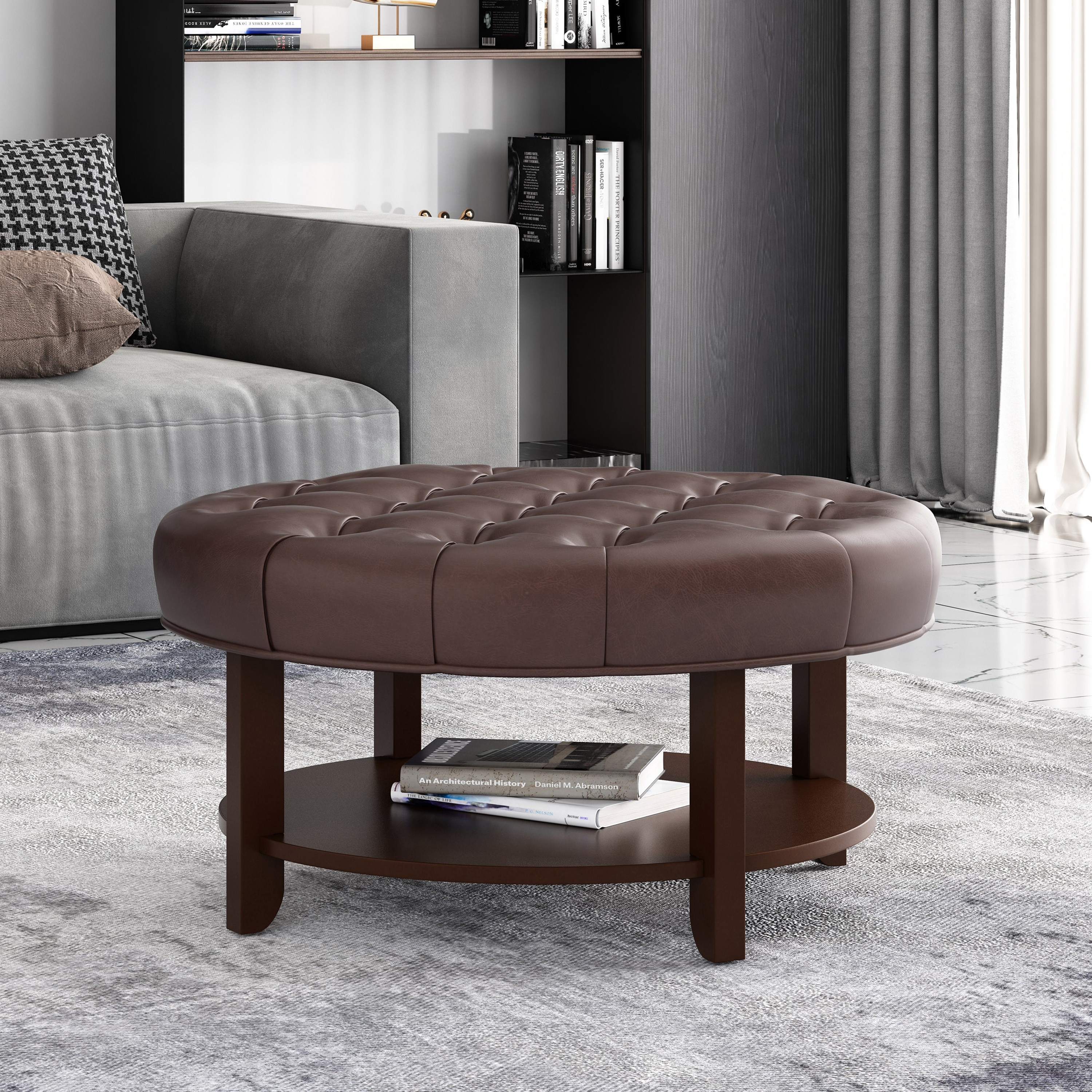 Round Ottoman with Button Tufted Top, Faux Leather Upholstered Storage Stool with Open Shelf, Dark Brown