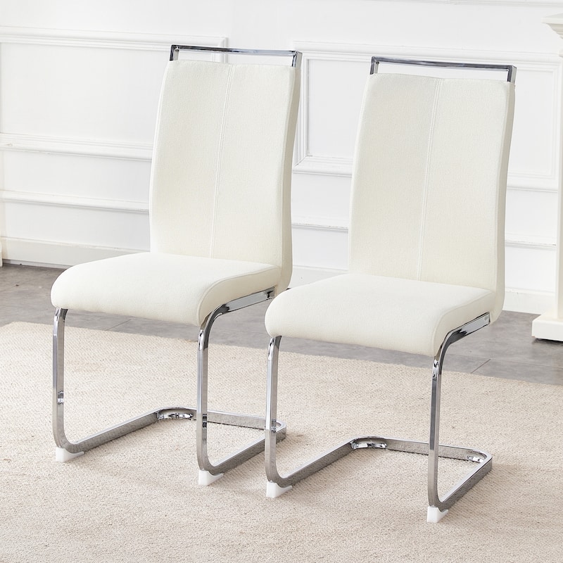 Luxury - style Dining Chairs.The combination of white grainy fabric-like fabric and silver metal legs is stylish.Set Of 2. - White