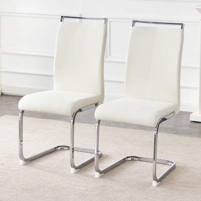 Luxury - style Dining Chairs.The combination of white grainy fabric-like fabric and silver metal legs is stylish.Set Of 2.