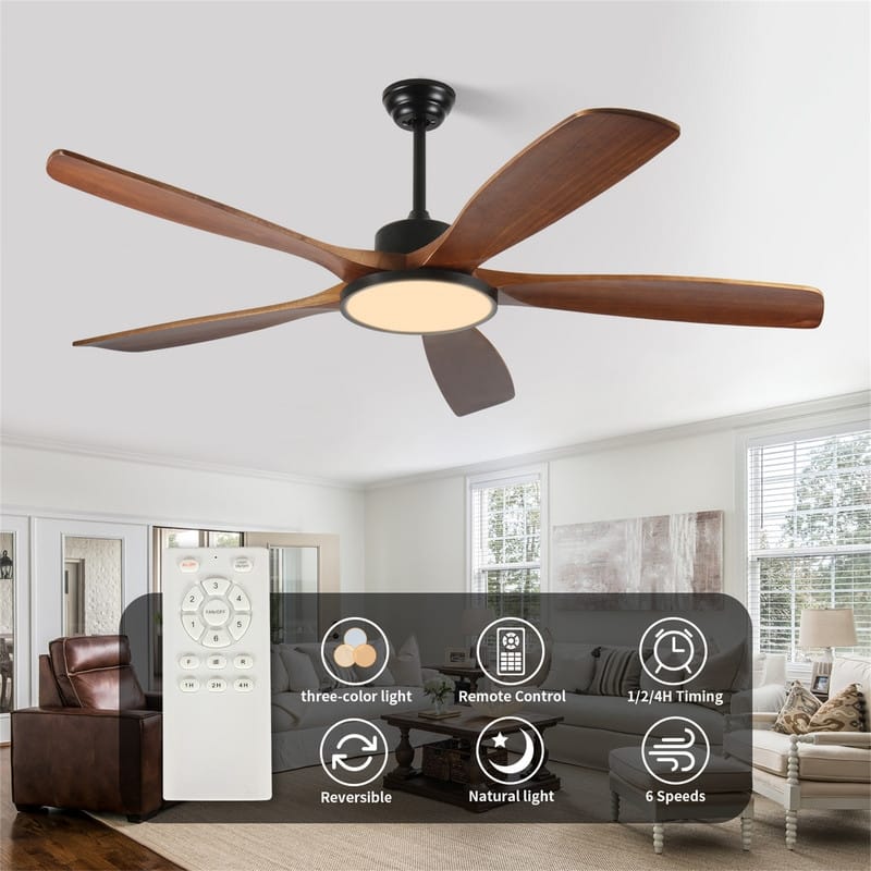 62" Large Ceiling Fan with Remote Control and Light with Three-Color Dimming