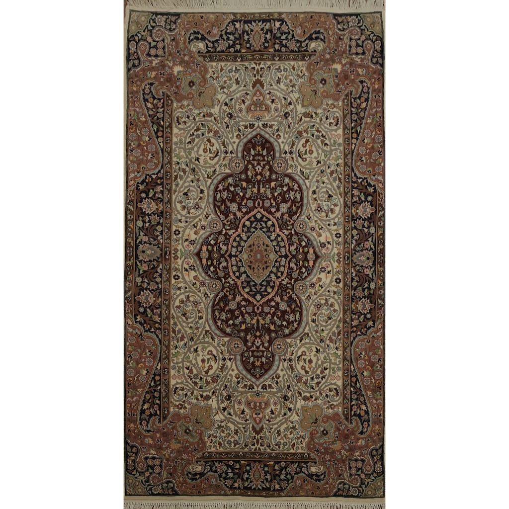 Hand Knotted Oriental 100% Wool Carpet Traditional Floral Beige & Ivories Qum Area Rug - 5' 9'' X 3' 2''