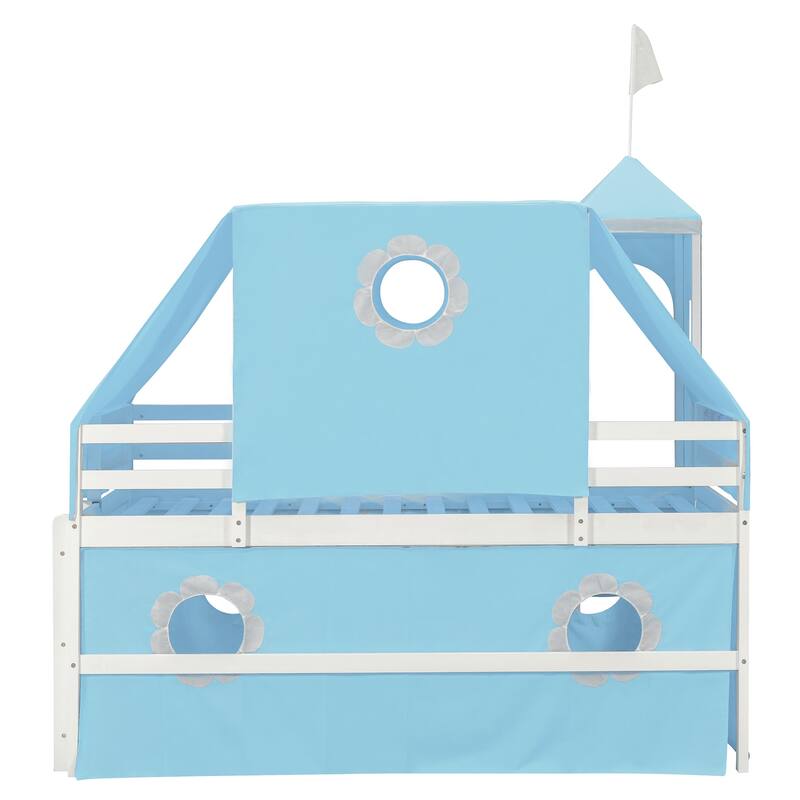 Twin Playhouse Loft Bed with Bed Tent and Semi-enclosed Underbed Space