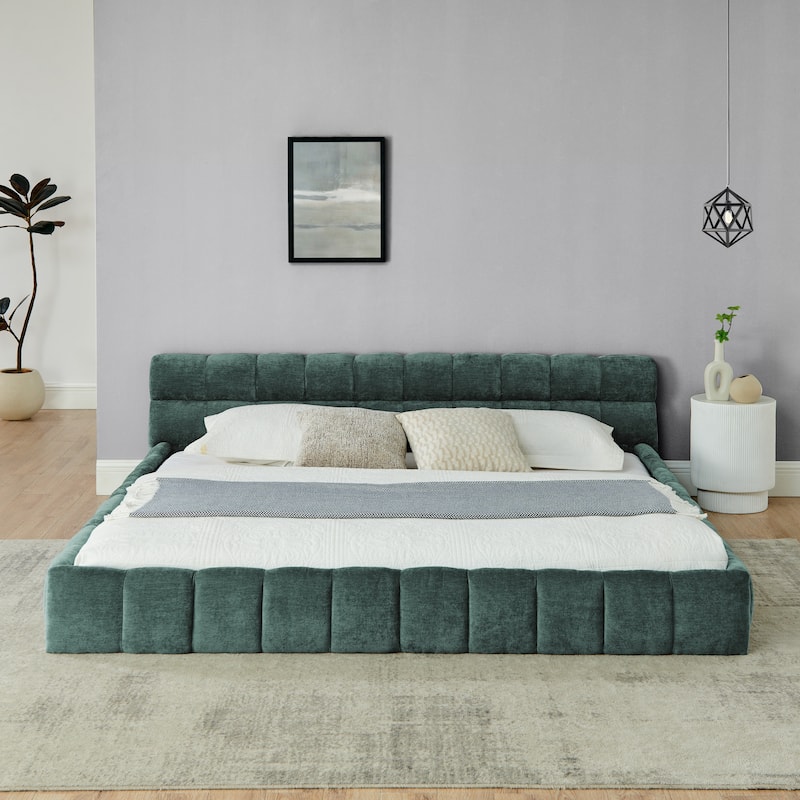 Block Thick Chenille Low Profile Platform Bed Fabric Upholstered Bedframe with Headboard Solid Wood Frame - Optional Storage Bed