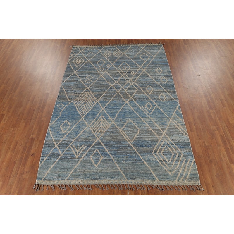 Moroccan Rug Hand-Knotted Blue Abstract Wool Carpet - 7'2"x 10'11"