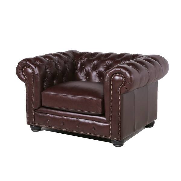 Copper Grove Mytho Chesterfield Brown Leather Accent Chair 54 W X 40 5 D X 30 5 H Overstock 30269557
