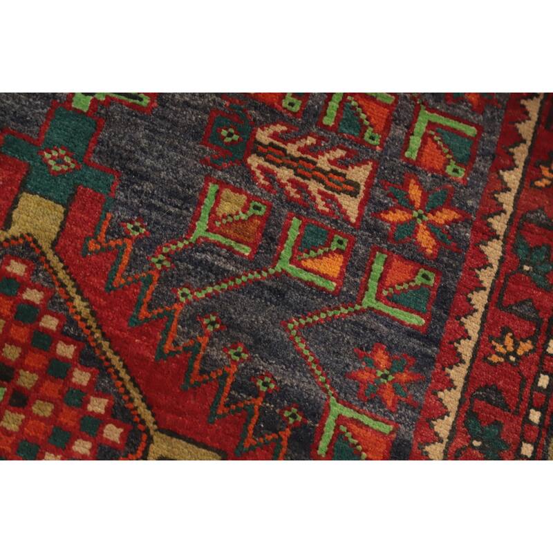 Hand Knotted Oriental 100% Wool Carpet Traditional Geometric Navy Blue & Blues Heriz Runner Rug - 10' 6'' X 3' 8''