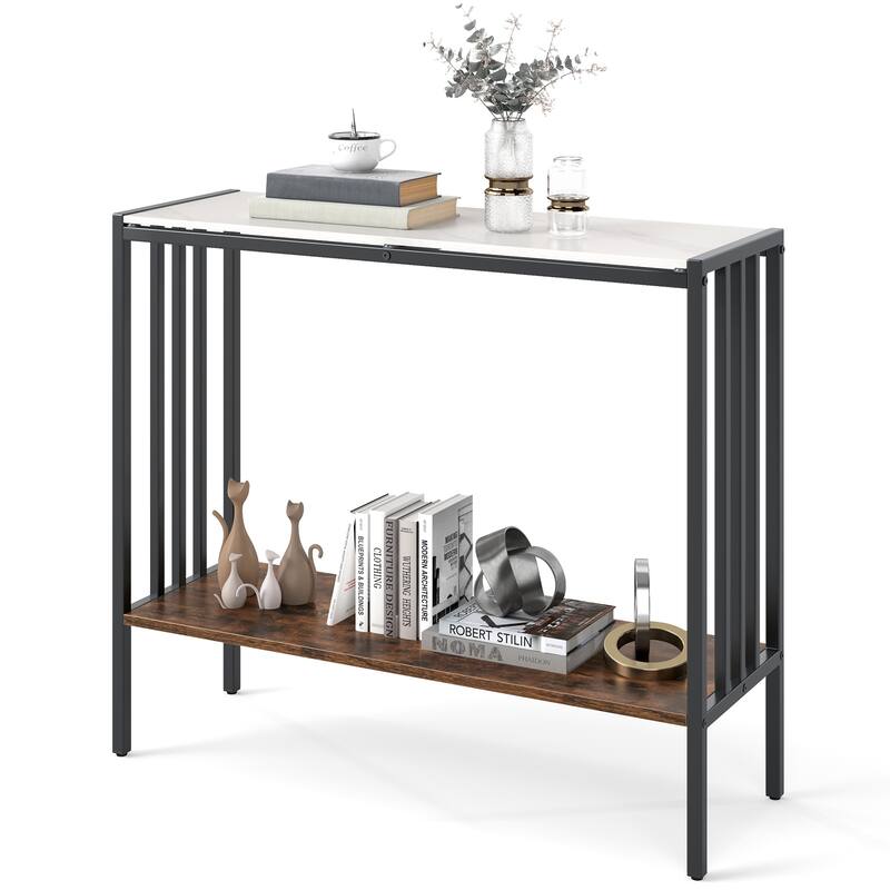 36 Inch 2-Tier Narrow Console Table with Sintered Stone Top and Metal Frame for Entry or Living Room - 36" x 12" x 30"