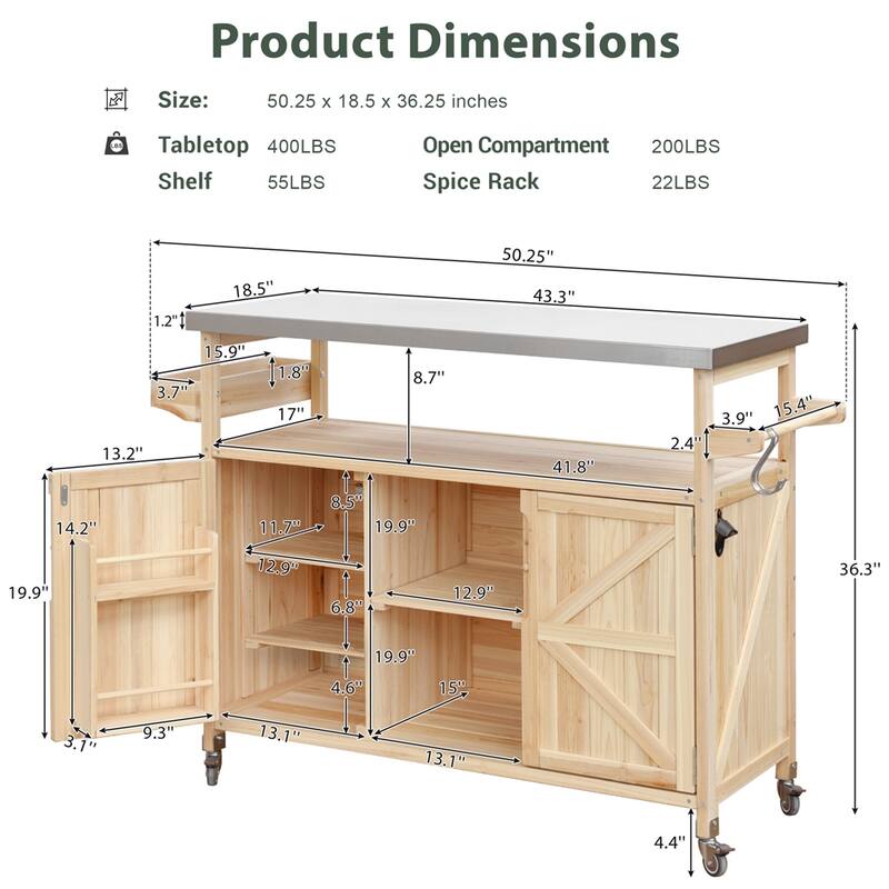 Wood Rolling Kitchen Island with Stainless Steel Top,Towel Rack