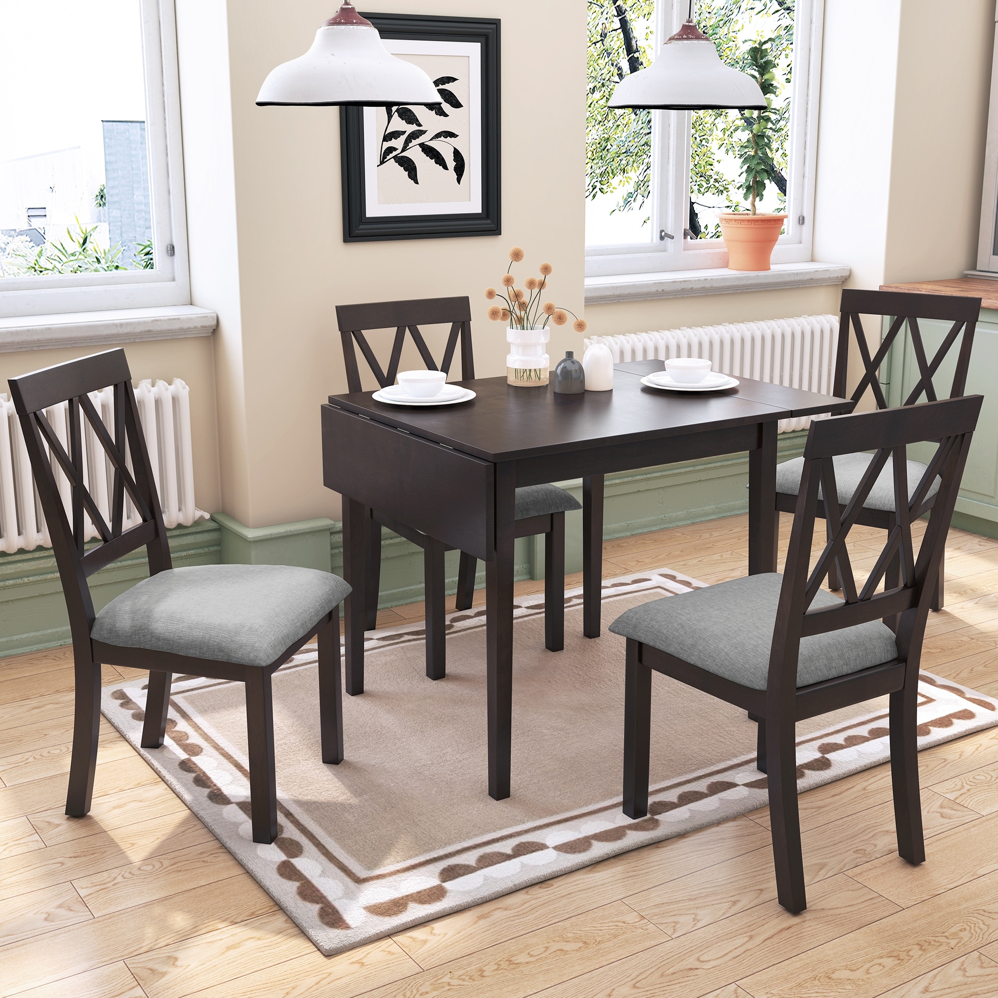 Espresso Foldable Dining Table Set with Ergonomic Chairs,5pcs