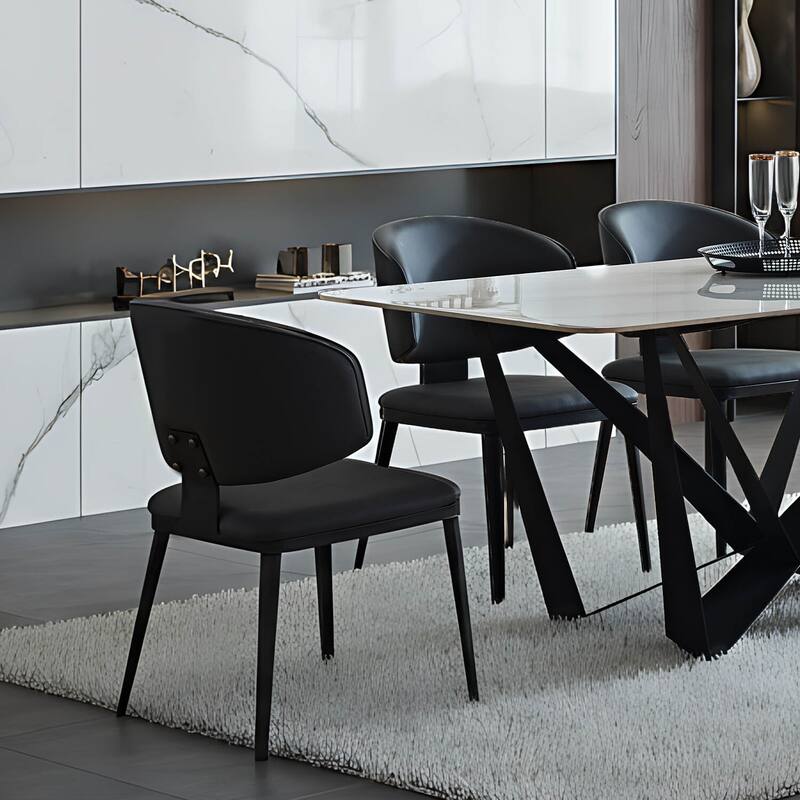 Modern Rectangular Sintered Stone Dining Table - Unique Natural Texture Tabletop with Black Metal Base