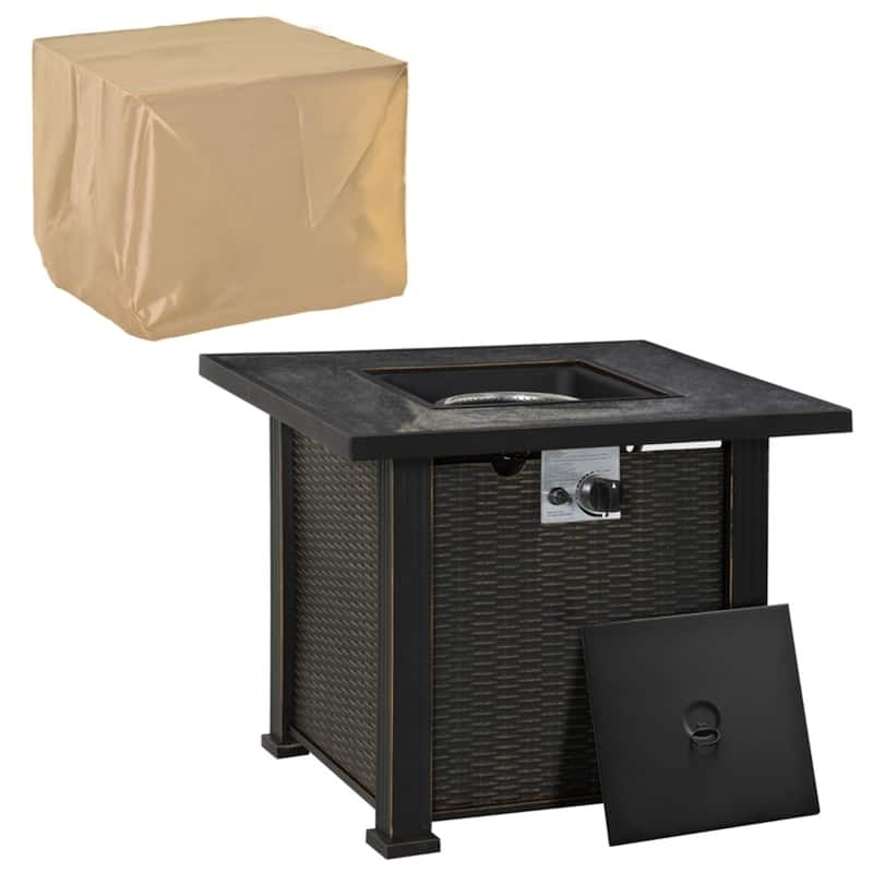 30 Inch Propane Fire Pit Table with 50000 BTU CE Certified Burner Slate Top Lid Lava Rocks and Hidden Tank - Black