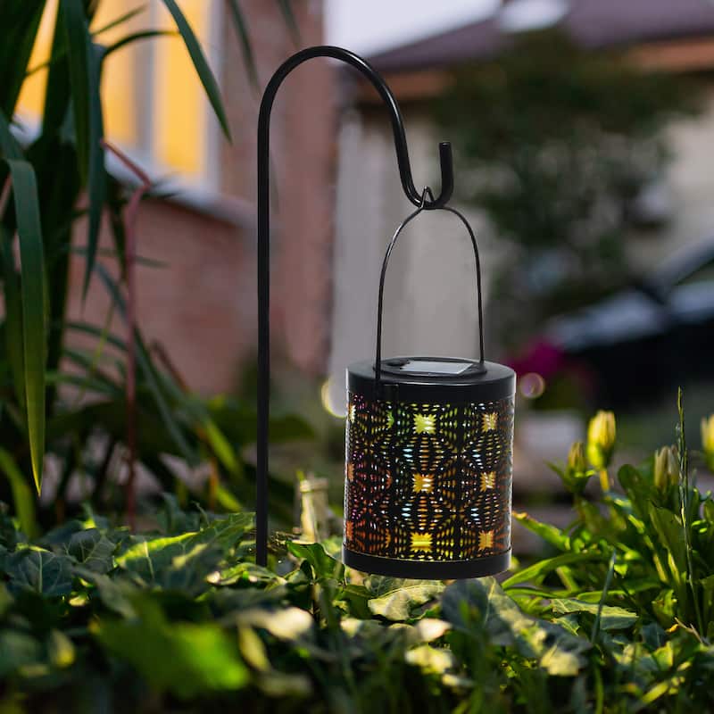 Glitzhome Set of 2 Metal Cutout Laser Outdoor Solar Lantern with Hanging LED Light Garden Stakes