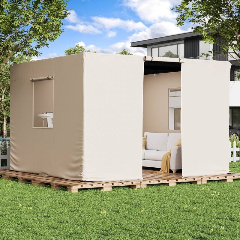 EROMMY Waterproof Pergola Winter Cover with Sidewalls, Mesh Windows and Roll-Up Door, All-Season Weather Enclosure - 12' x 12' - Beige