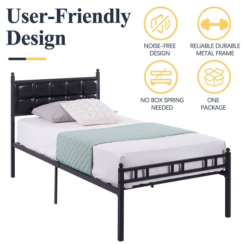 Javlergo Metal Platform Bed Frame Black PU Leather Square Tufted Bed Heavy-Duty Metal Bed Frame No Box Spring Needed