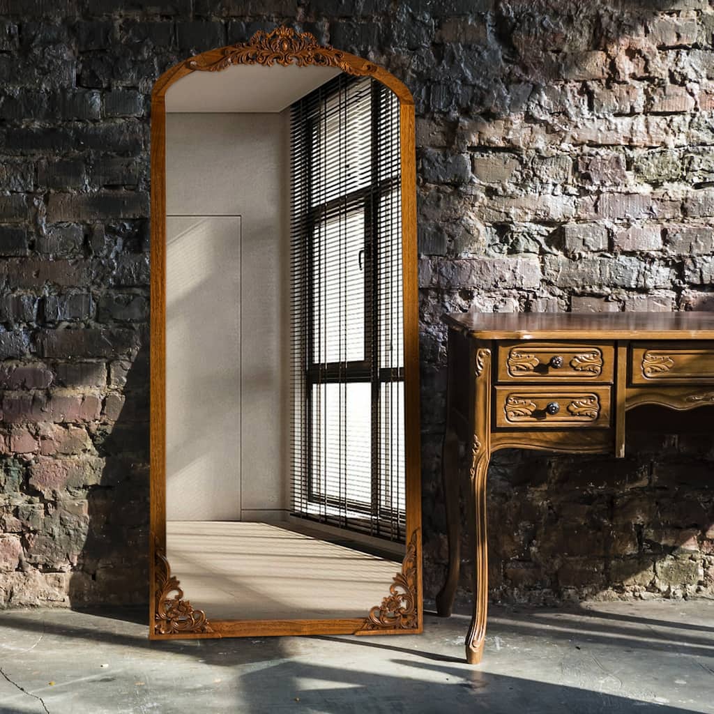 Arched Full-Length Solid Wood Carving Floor Mirror