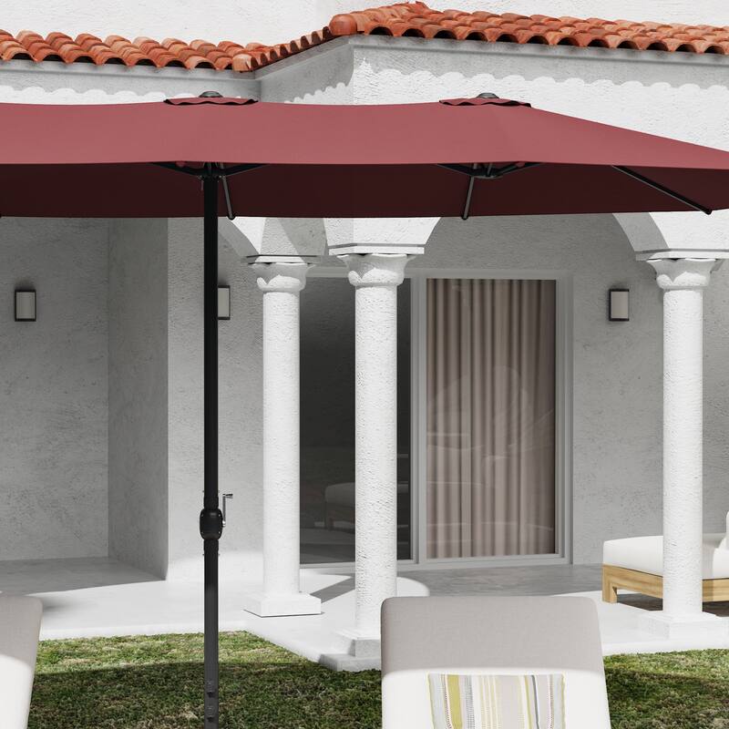 15ft x 9ft Double Patio Umbrella with Base and Sandbags, Extra Large Twin Outdoor Market Umbrella with Auto Tilt, 180g Polyester
