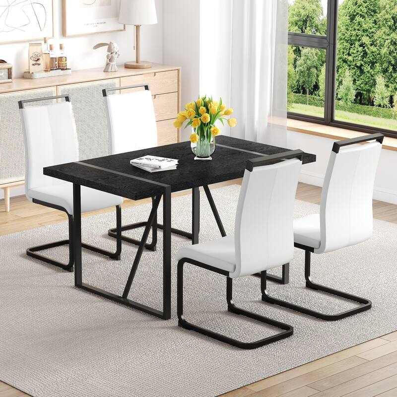 5/7-Piece Dining Table Set with PU Chairs, Modern Rectangular Dining Room Table Set for 4-6 People - White+Black - 5-Piece