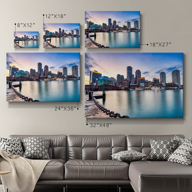 Boston Skyline with Financial District and Boston Harbor at Sunset Premium Gallery Wrapped Canvas - Ready to Hang