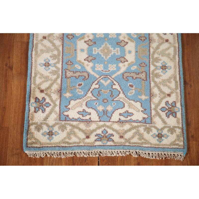 Light Blue Oushak Oriental Runner Rug Handmade Wool Carpet - 2'6"x 9'9"