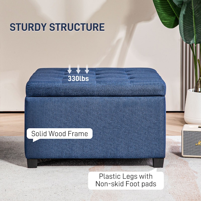 Fabric Tufted Storage Ottoman with Flip Top Seat Lid, Metal Hinge and Stable Eucalyptus Wood Frame