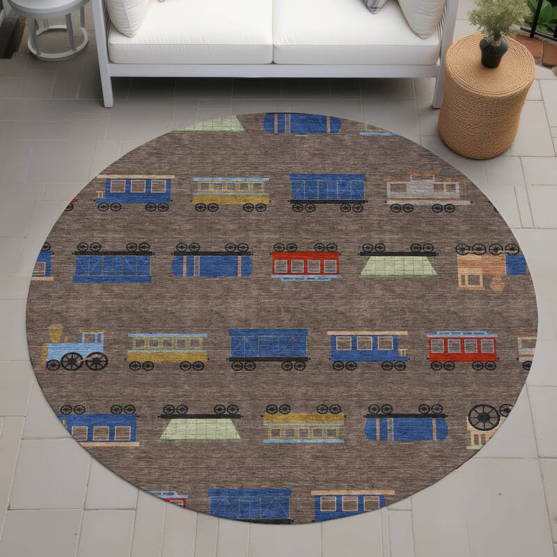 Machine Washable Indoor/ Outdoor Modern Train Chantille Rug - Coffee - 8' x 8'