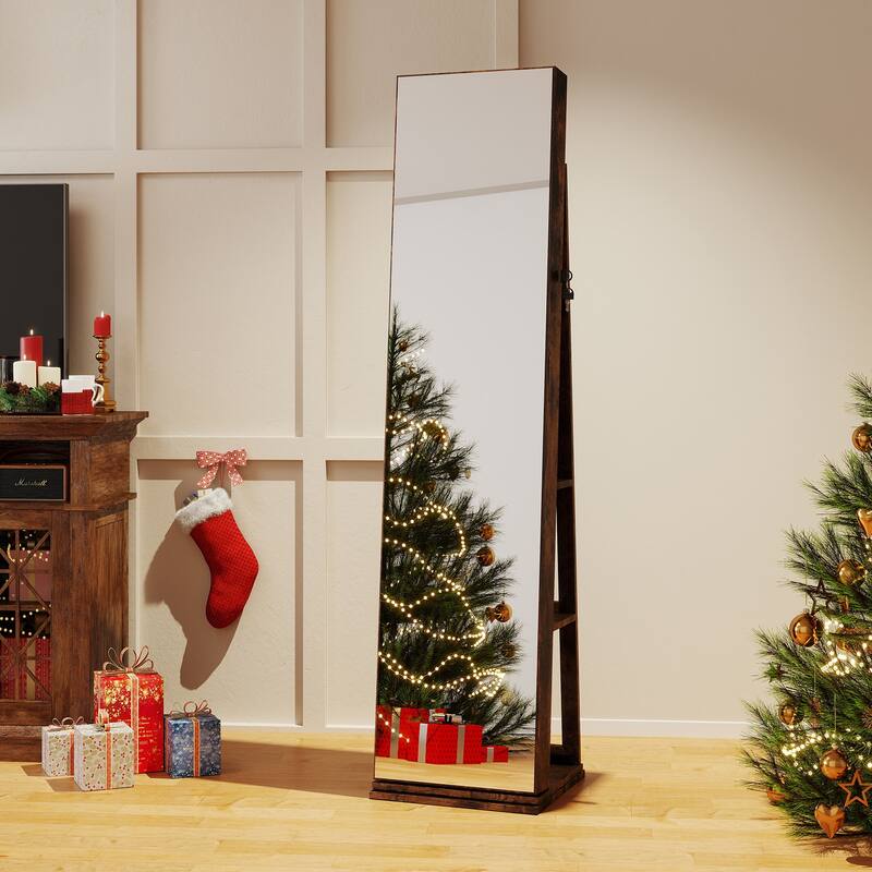 360 Rotating Full Length Mirror Jewelry Cabinet with LED Lights and Ample Storage Shelves - 17" x 15" x 63"