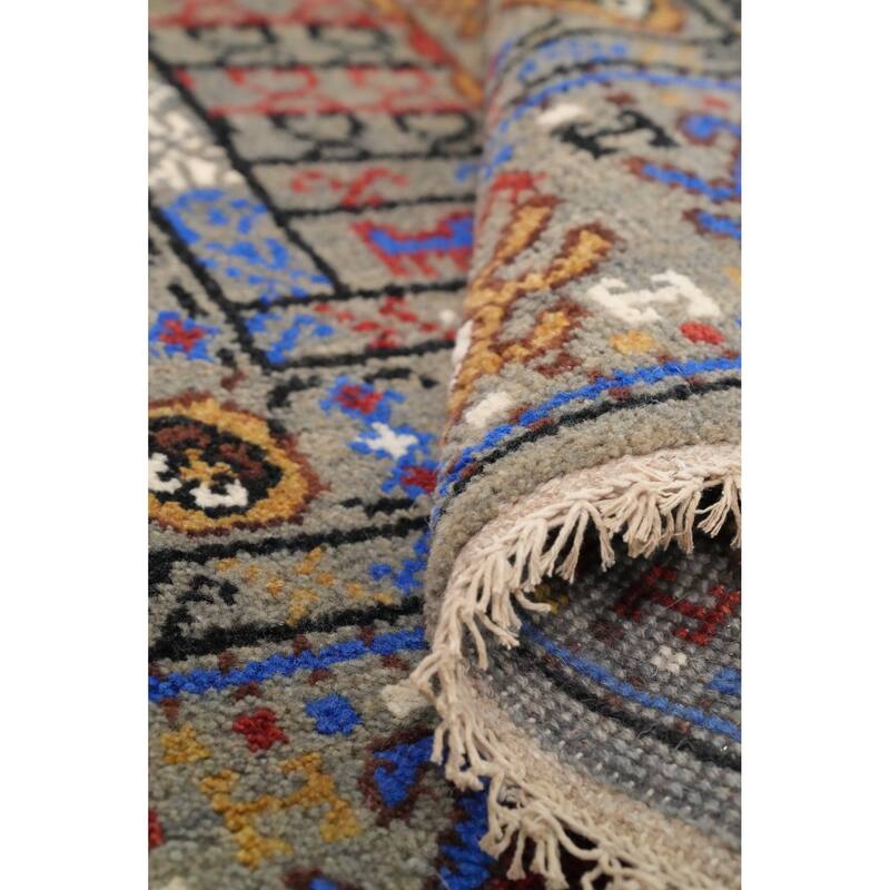 Hand Knotted Oriental 100% Wool Carpet Traditional Tribal Greys & Charcoal Kazak Runner Rug - 9' 11'' X 2' 7''