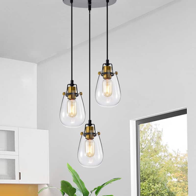 Black and Antique Gold 3-Light Pendant with Clear Glass Shades