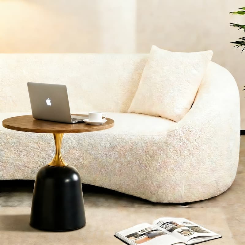 Small Circular Side Table Coffee Table, Metal Base Living Room Table, Walnut Wood Grain Minimalist Modern Decoration