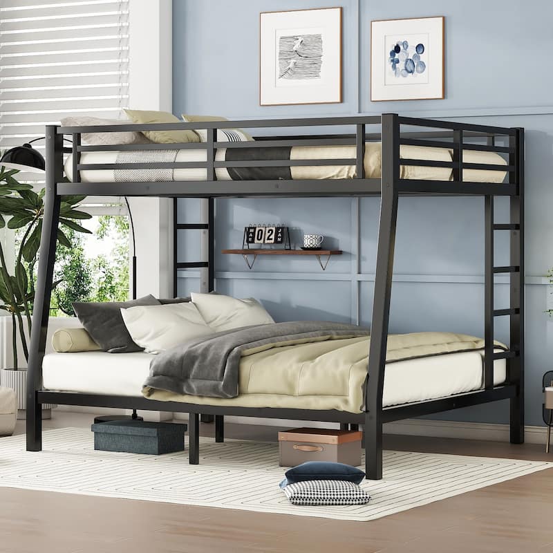 Full XL over Queen Size Metal Bunk Bed with Space-Saving, Noise Reduced and Ladder for Teens and Adults - Full XL over Queen - Black